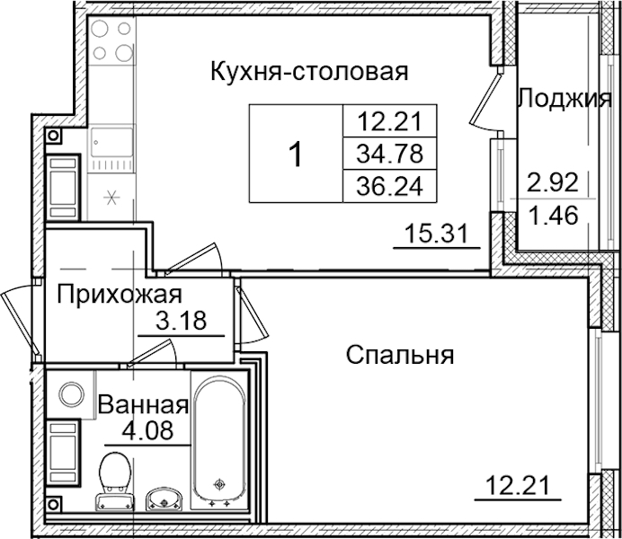 1-комнатная квартира 36.24 м², 3/9 эт., ЖК «Квартал Заречье»